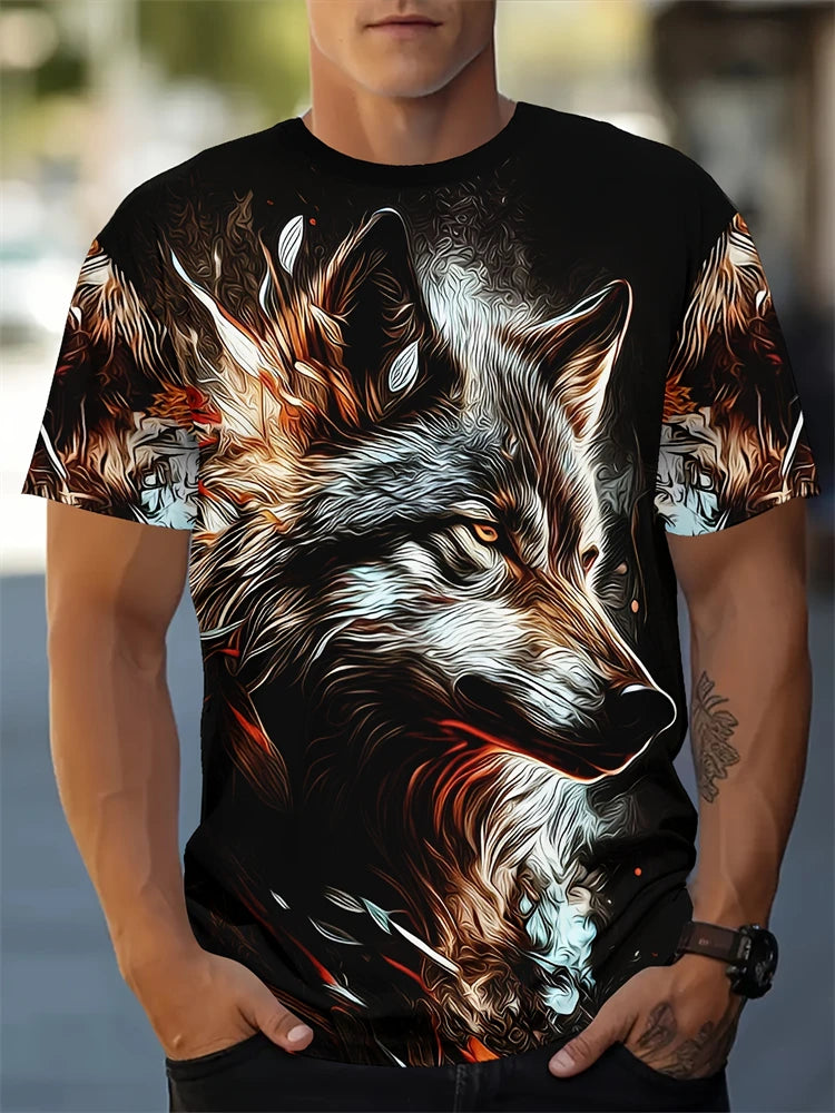 New Fashionable Men's Round-neck Short-sleeved T-shirt 3D Printed Wolf T-shirt Men's Casual Sports Short-sleeved Street Top