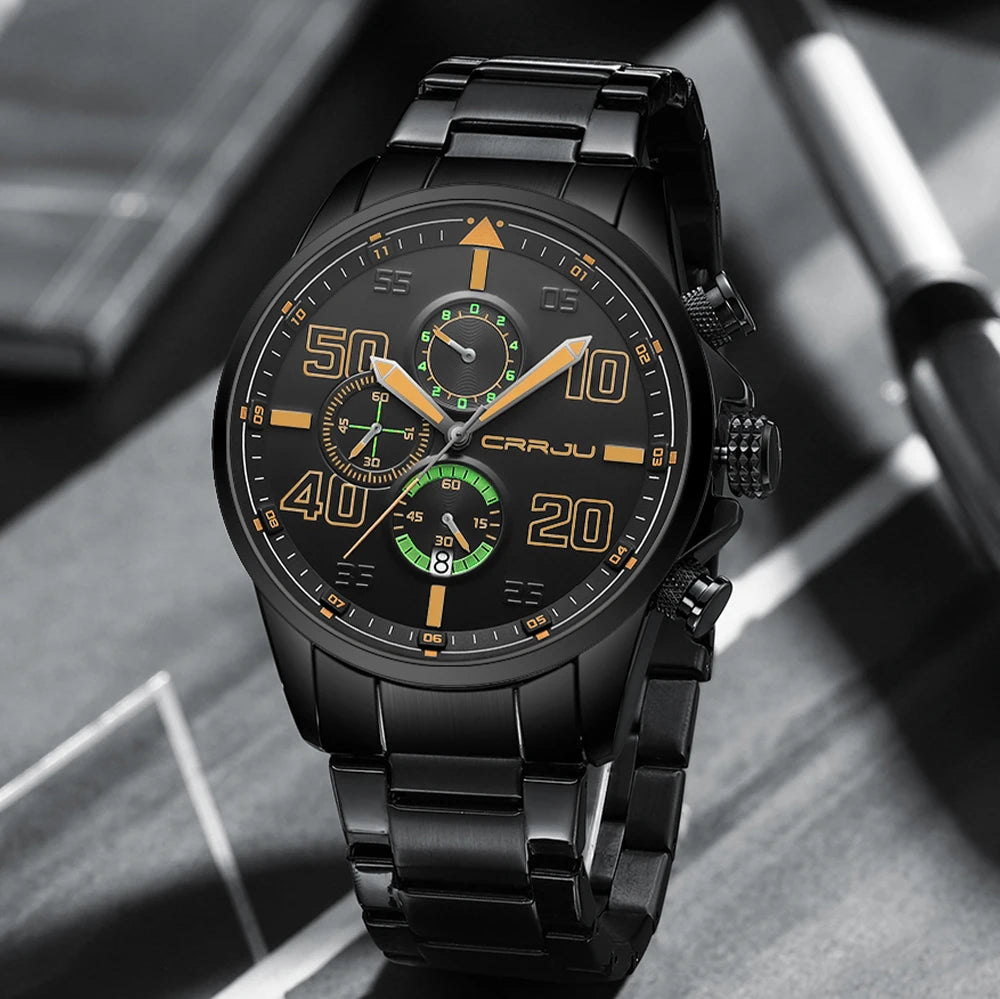 CRRJU men’s watch – Luxury chronograph, large dial, stainless steel, water-resistant, with date display