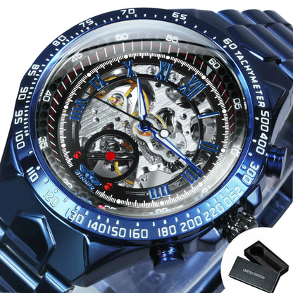 WINNER men’s automatic watch – Transparent skeletonised model, luminescent hands, stainless steel bracelet, luxury brand mechanical watch