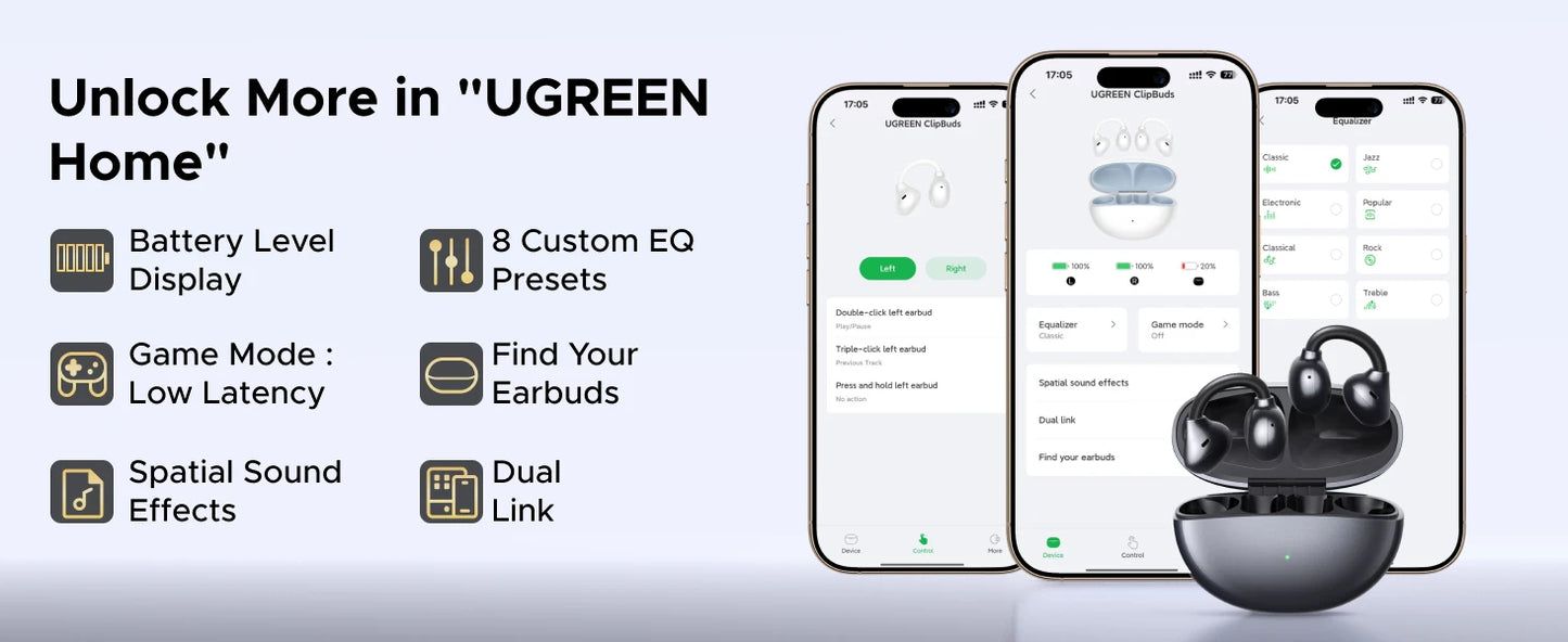 UGREEN ClipBuds Open-Ear Wireless Bluetooth 6.0 Earbuds with 4 Mic Clear Call, 30H Playtime Clip-On Earphones, Waterproof Sport Headphones