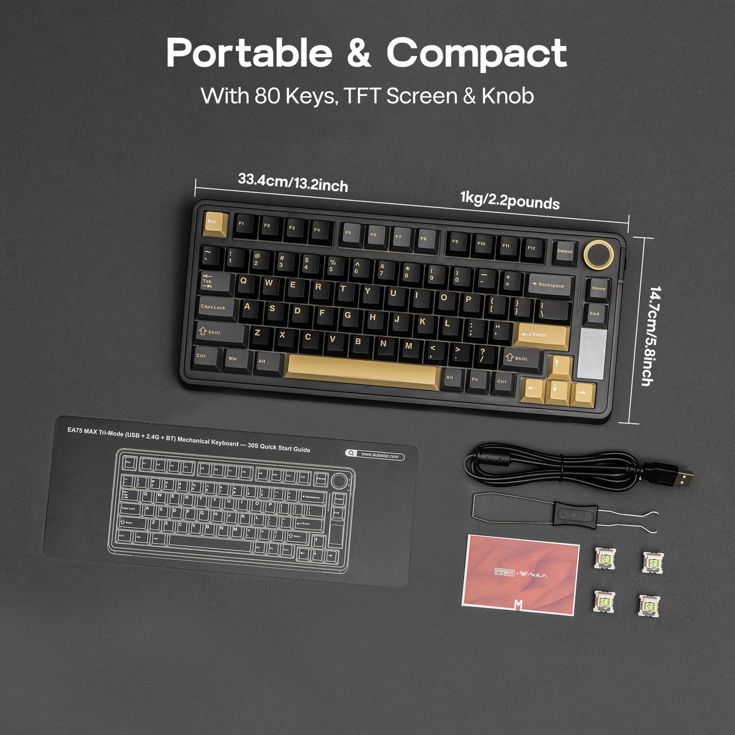 Teclado mecánico EPOMAKER X AULA EA75 MAX 75% ANSI US con hot-swap, montaje gasket, conexión por cable/BT/inalámbrica 2.4GHz, pantalla y perilla