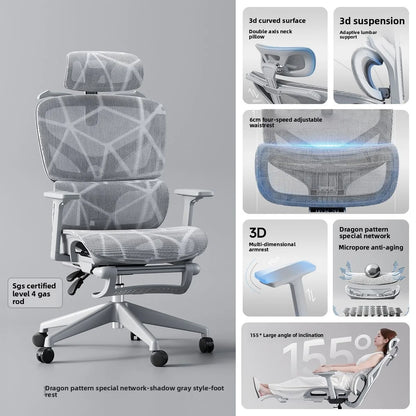 Regulowane ergonomiczne krzesło biurowe z siatki, oddychający fotel komputerowy z wysokim oparciem, podparciem lędźwiowym 6D i wysuwanym podnóżkiem