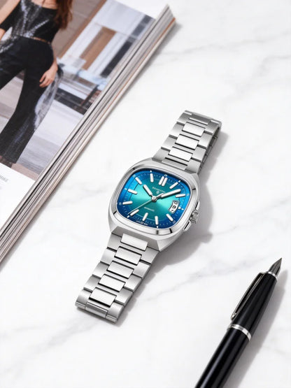 Shanghai Watch automatikus mechanikus, négyzet alakú számlapos férfi karóra, világító, 50 m-ig vízálló, dátumkijelzős, alkalmi karóra SH018