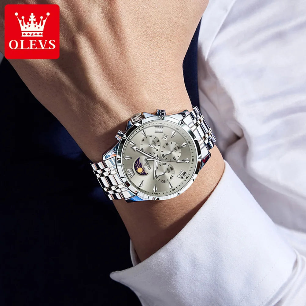 OLEVS 3653 Men’s Quartz Chronograph Watch  Moon Phase, Luminous, Date Display, Stainless Steel & 30M Waterproof