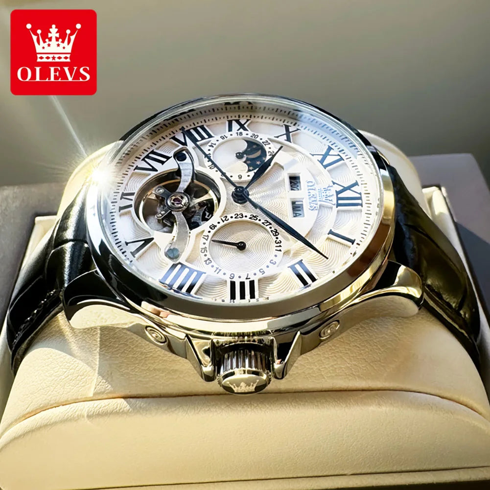 OLEVS 7013 Men’s Automatic Mechanical Watch Moon Phase, Roman Numeral Dial, Skeleton Flywheel, Luminous & 30M Waterproof