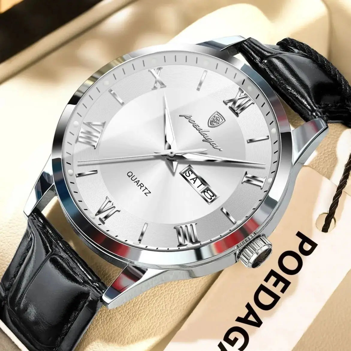 Trendy POEDAGAR men’s watch, leather strap, date and day display, luxury quartz watch, water-resistant, luminous, casual business style.