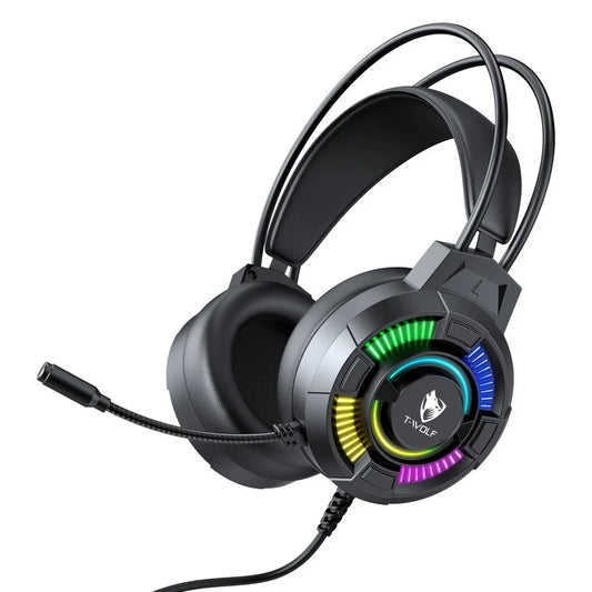 Casque de jeu T-Wolf H140, filaire, éclairage LED RVB, son surround 7.1, casque supra-auriculaire avec micro pour PC, ordinateur portable, joueurs sur ordinateur de bureau