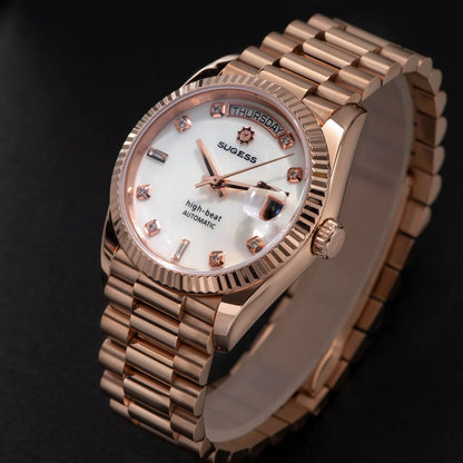 Sugess 36mm Mens of Watch Automatic Dandong Peacock SL3034 Day Movement Sapphire Glass 100m Waterproof Wristwatches MOP Date New