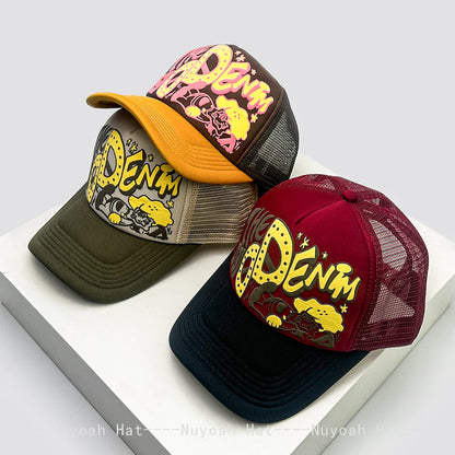 Șepci de baseball unisex interesante, cu litere imprimate 3D, cu parasolar, cu motive de desene animate, respirabile, cu blocuri de culori, șepci de camionagiu din plasă, versatile