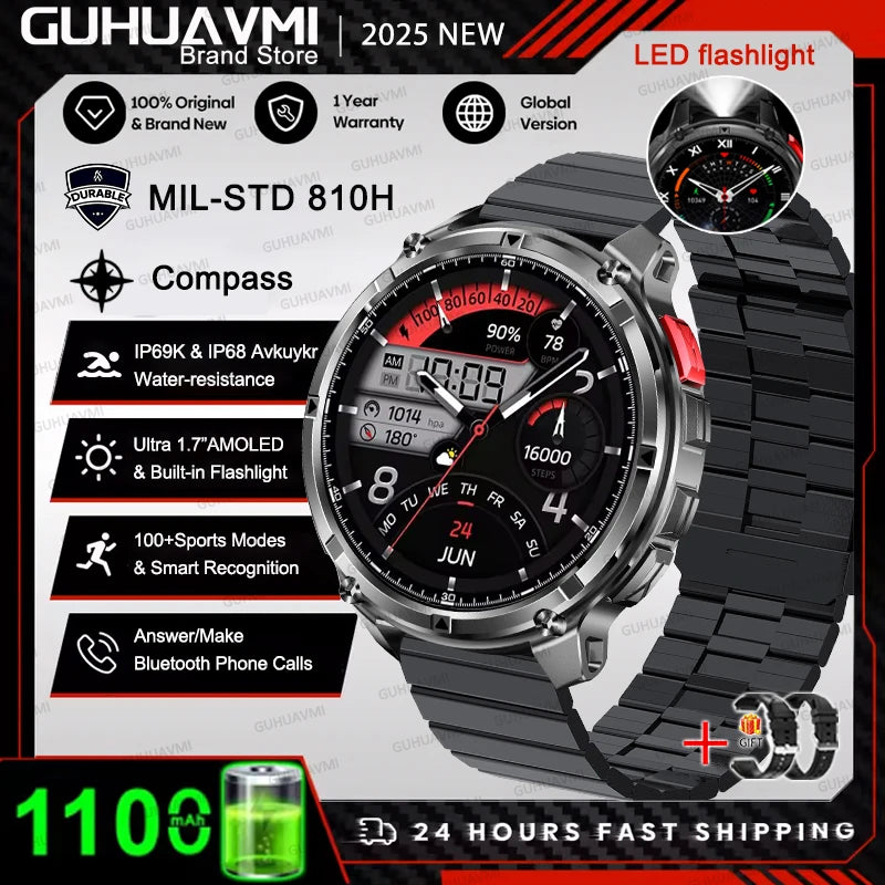 2026 T-Rex 3 Style Smartwatch for Men  1100mAh Battery, GPS, 10ATM Waterproof, Bluetooth Calling & Sports Tracker