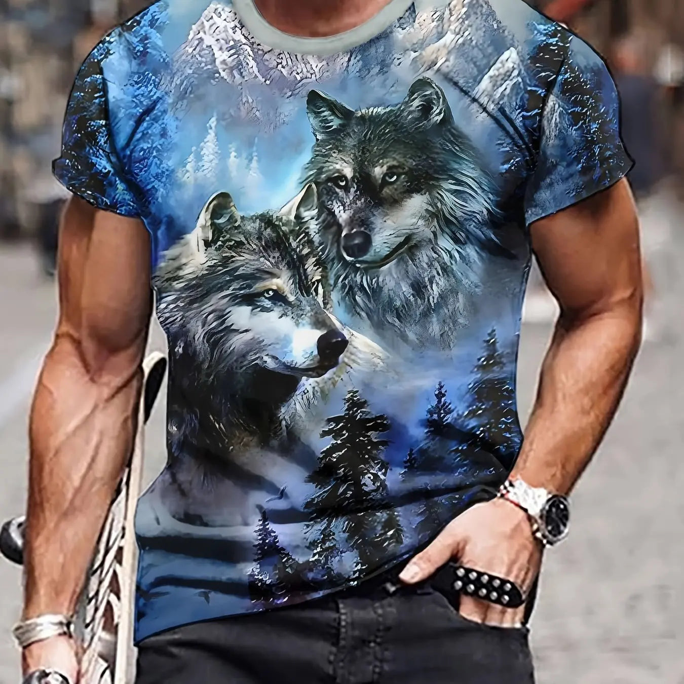 Short Sleeve Men's Wolves Graphic Print Crew Neck Tee for Summer Outdoor