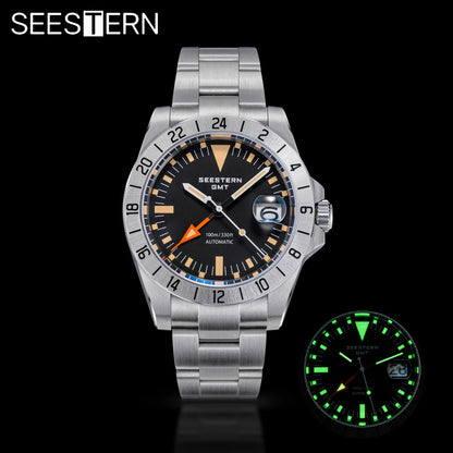 SEESTERN GMT Retro Watch for Men NH34 Automatic Movement Mechanical Wristwatches Sapphire Crystal Fine-tuning Pull Button S436
