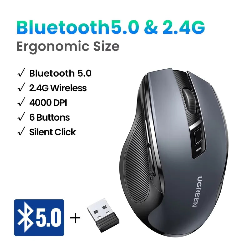 Mysz bezprzewodowa UGREEN Bluetooth 5.0, ergonomiczna, 4000DPI, 6 cichych przycisków, do MacBooka, tabletu, laptopów, komputera PC, 2.4G