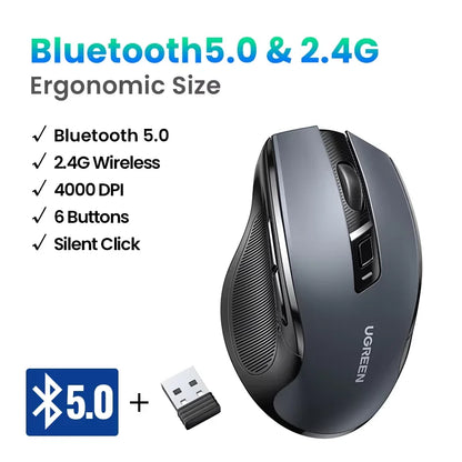 Mysz bezprzewodowa UGREEN Bluetooth 5.0, ergonomiczna, 4000DPI, 6 cichych przycisków, do MacBooka, tabletu, laptopów, komputera PC, 2.4G