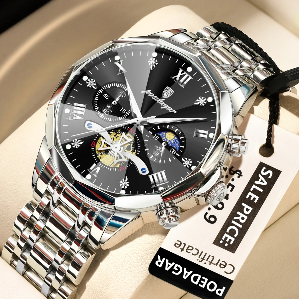 Montre homme de luxe POEDAGAR, chronographe lumineux étanche, en acier inoxydable, à quartz.
