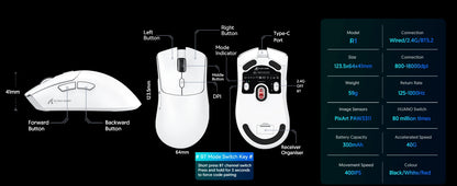 ATTACK SHARK R1 tri-mode gamingmus, PixArt PAW3311-sensor, 18000 DPI, 1000hz, 59g ultralet til store hænder, til PC/Mac