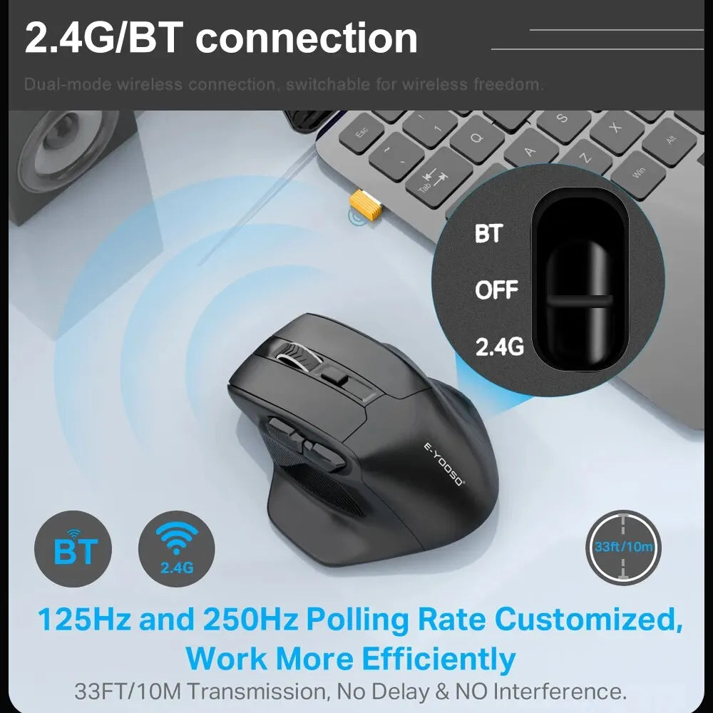 E-YOOSO X-31 Pro USB herní velká myš s podporou Bluetooth 2.4G, bezdrátová, PAW3212, 4800 DPI, pro hráče, počítač, notebook a PC