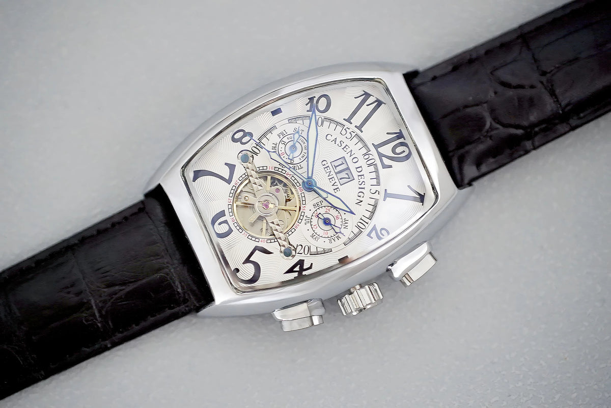 CASENO csúcsminőségű luxusmárka férfi teljesen automatikus mechanikus tourbillon karóra naptárral, éjszakai világítással, tonneau alakú, áttört karóra -577G
