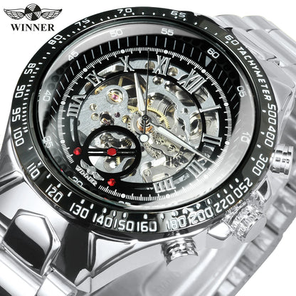 WINNER men’s automatic watch – Transparent skeletonised model, luminescent hands, stainless steel bracelet, luxury brand mechanical watch