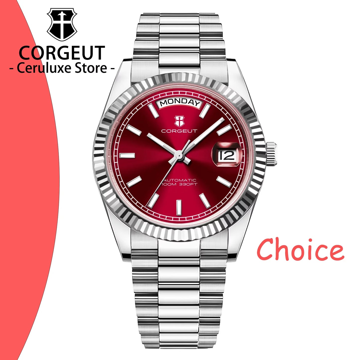 Reloj mecánico CORGEUT NH36 para hombre con indicador de día y fecha, brazalete President, caja de acero, bisel arqueado roscado, waterp