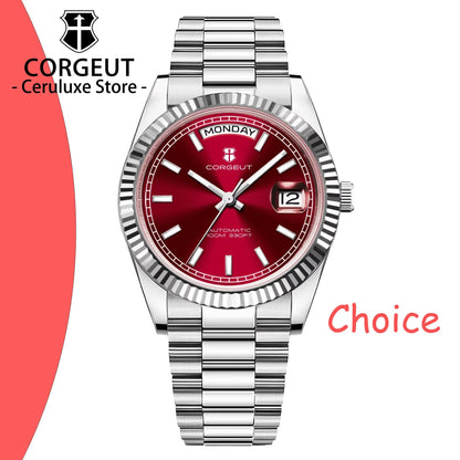 Reloj mecánico CORGEUT NH36 para hombre con indicador de día y fecha, brazalete President, caja de acero, bisel arqueado roscado, waterp