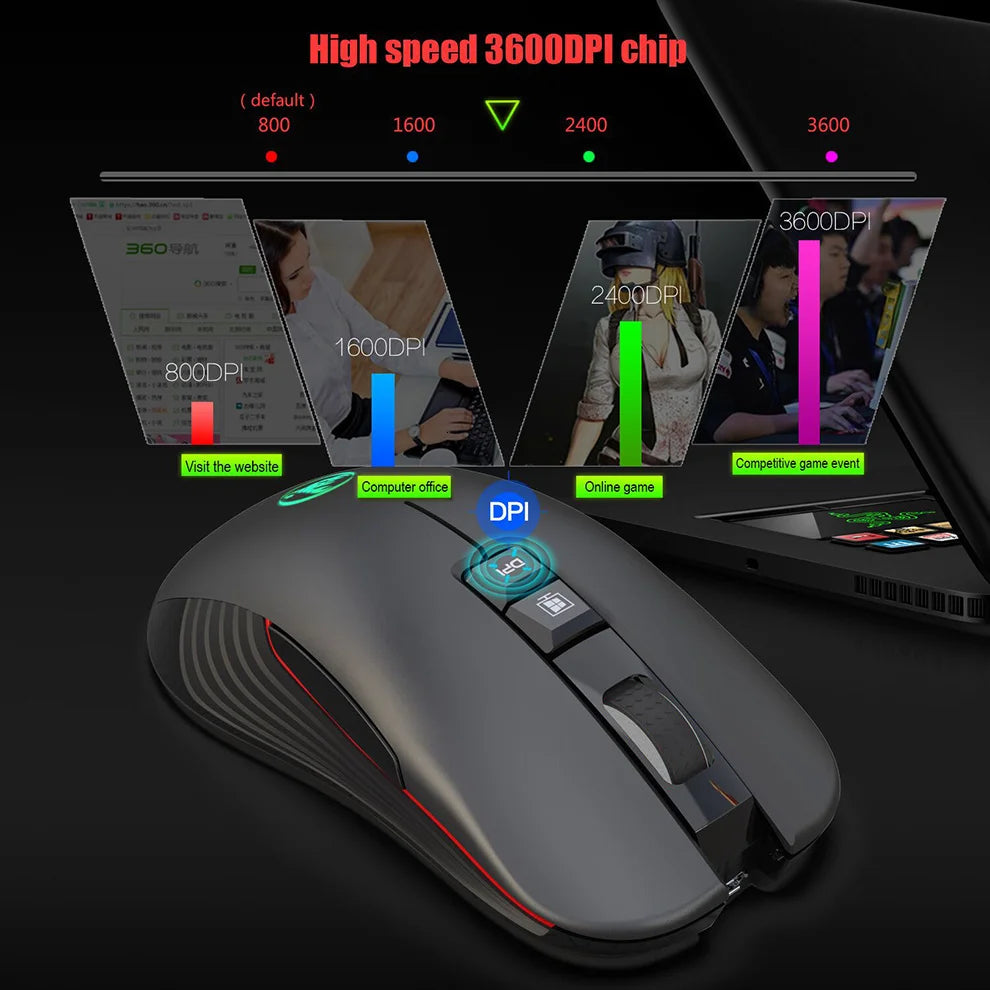 Mouse da gaming wireless 2.4G USB-C ricaricabile 3600DPI a 7 pulsanti, mouse silenzioso Type-C per MacBook, laptop, PC e computer da gioco