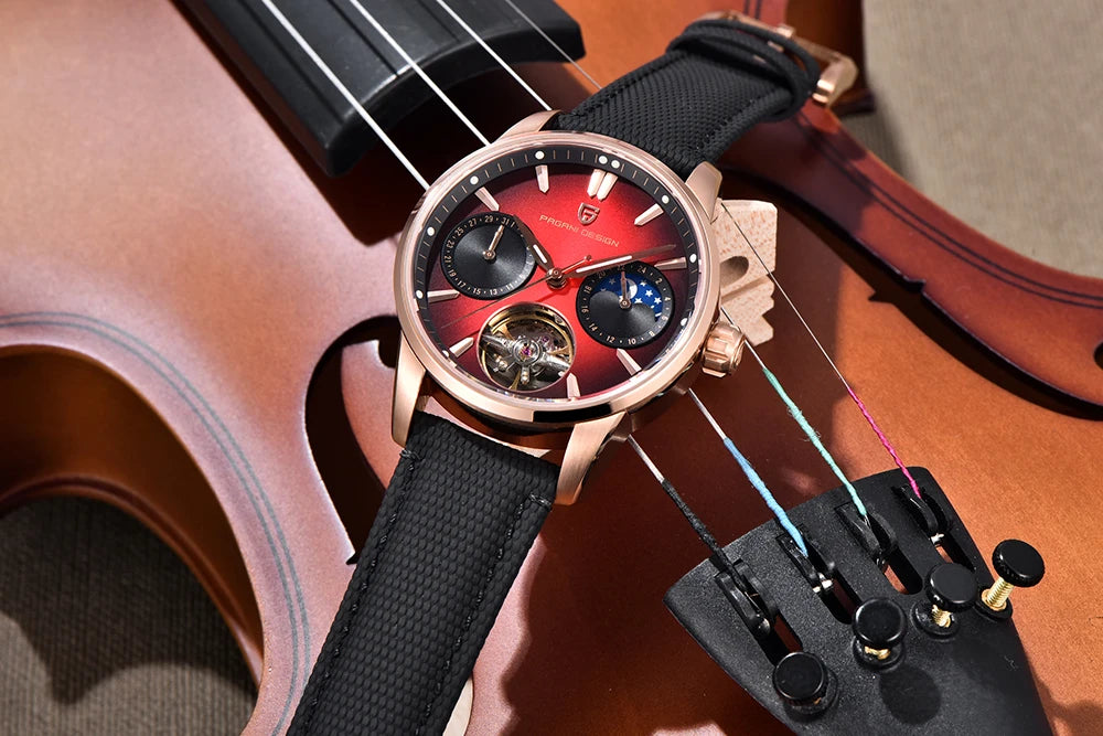 PAGANI DESIGN – Relógio mecânico de luxo para homem, 41 mm, vidro de safira, bracelete em pele, estanque, estilo piloto, com turbilhão e fase lunar