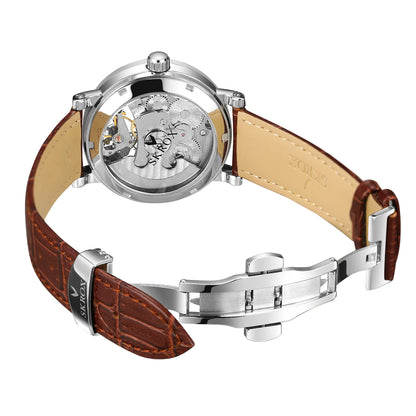 SKROX automatic mechanical wristwatch for men, skeletonised model with GMT function, moon phase and tourbillon – A high-end, elegant and original luxury watch.