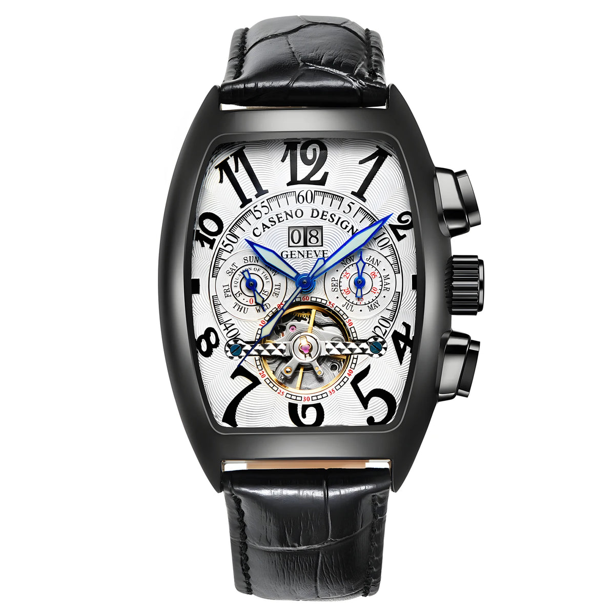 CASENO csúcsminőségű luxusmárka férfi teljesen automatikus mechanikus tourbillon karóra naptárral, éjszakai világítással, tonneau alakú, áttört karóra -577G