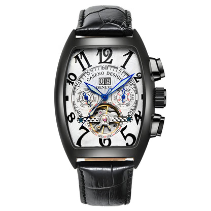 CASENO csúcsminőségű luxusmárka férfi teljesen automatikus mechanikus tourbillon karóra naptárral, éjszakai világítással, tonneau alakú, áttört karóra -577G