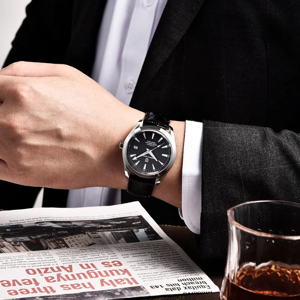 Luxe herenhorloge van PAGANI DESIGN – Mechanisch automatisch model (kaliber 8215), van roestvrij staal, waterdicht, met datumweergave en lichtgevende wijzers