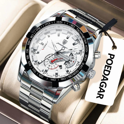 Montre homme de luxe POEDAGAR, étanche, lumineuse, date, sport, bracelet en acier inoxydable, mouvement à quartz.