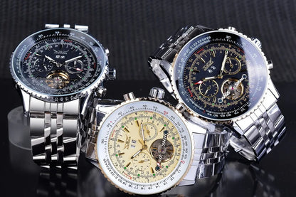 JARAGAR 034 luxury retro automatic mechanical watch, tourbillon, skeletonised case, stainless steel, week calendar, men’s watch