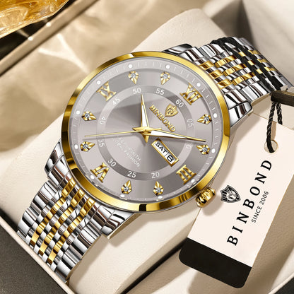 Relógio de pulso de luxo BINBOND com movimento de quartzo para homem – Impermeável, luminoso, com indicação do dia da semana – Estilo empresarial, desportivo, moderno e casual