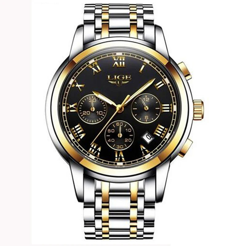Montre pour homme LIGE – Chronographe de luxe, style sport décontracté, étanche, entièrement en acier, mouvement à quartz