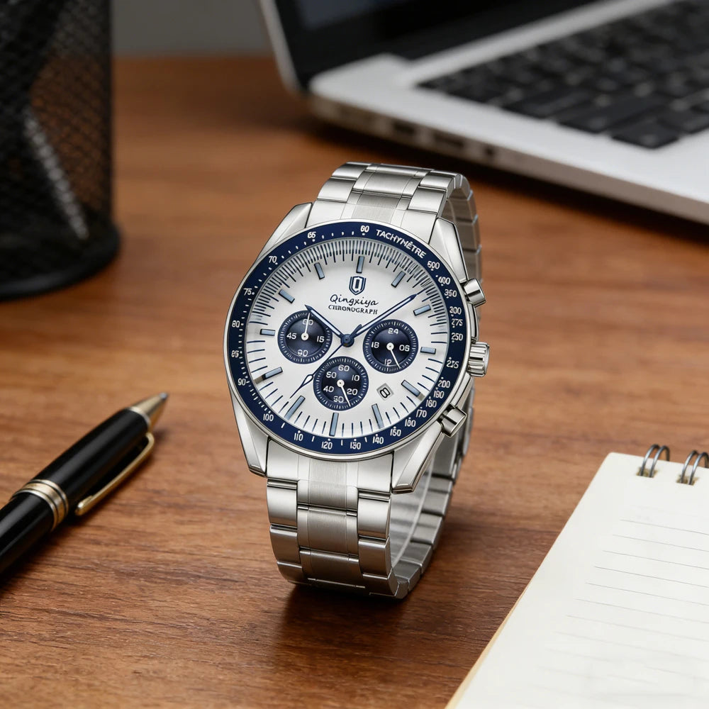 Montre à quartz pour homme, de marque de luxe, étanche et luminescente, en acier inoxydable, dotée d'un chronographe 24 heures et d'un affichage de la date – Montre élégante pour homme