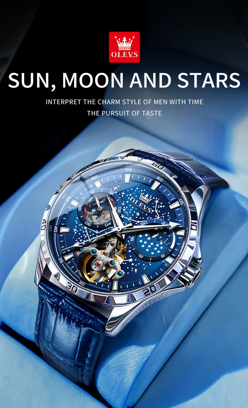 OLEVS Men’s Flywheel Skeleton Automatic Watch Starry Sky Dial, Luminous Mechanical Movement & Waterproof Business Wristwatch