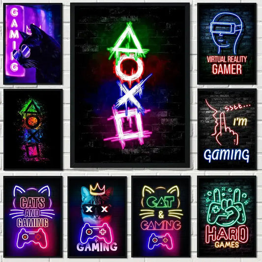 Poster „Nordic Cat and Gaming Controller Quotes“ – moderne Leinwandmalerei als Wandkunst und Wandbild für die Zimmerdekoration von Gamer-Jungen und -Mädchen (nicht Neon)