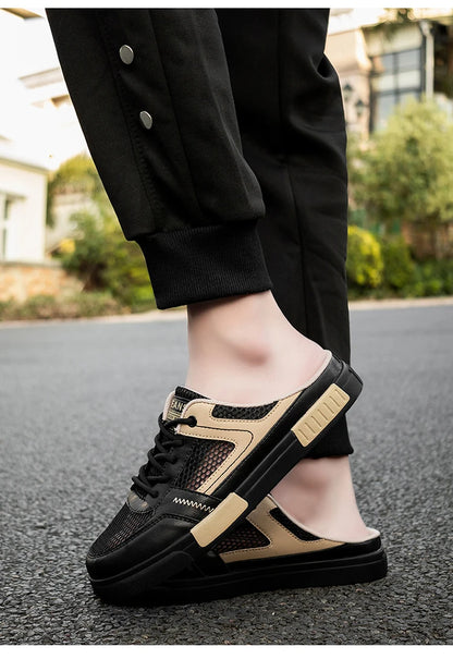 Sandales super taille 2025, nouvelles pantoufles d'été en maille perforée pour hommes, chaussures de sports et de loisirs de plein air respirantes, demi-pantoufles