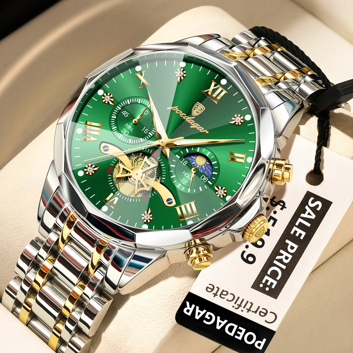 Montre homme de luxe POEDAGAR, chronographe lumineux étanche, en acier inoxydable, à quartz.