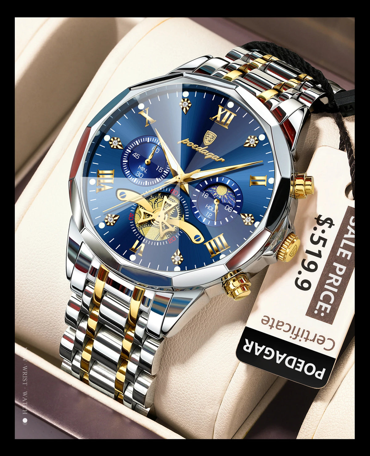 Montre homme de luxe POEDAGAR, chronographe lumineux étanche, en acier inoxydable, à quartz.