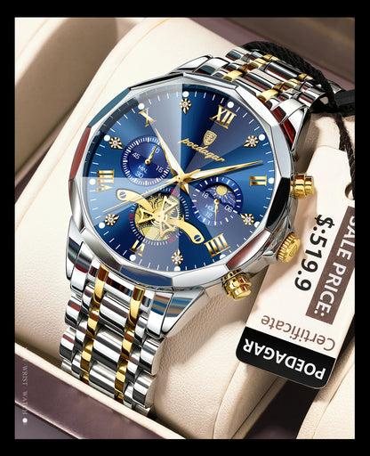 Montre homme de luxe POEDAGAR, chronographe lumineux étanche, en acier inoxydable, à quartz.