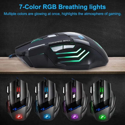 Ratón gaming con cable para ordenador, retroiluminación RGB, diseño ergonómico silencioso, LED, 7 botones y USB para PC de escritorio