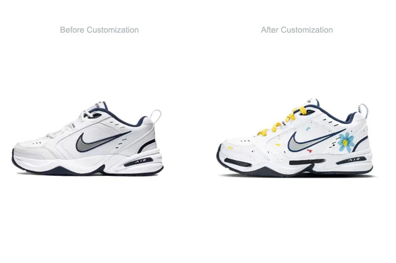 Personalizované tenisky Nike Air Monarch 4 Crushed Ice Blue Floral Ink Splatter – pánské nízké běžecké boty