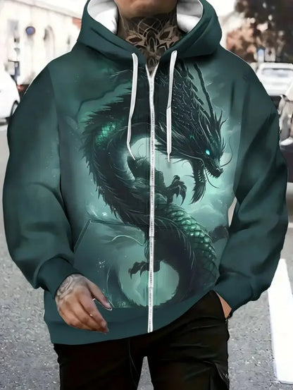 Herren-Hoodie mit Drachenprint und Reißverschluss, Kordelzug, langen Ärmeln, Oversize-Passform, für Outdoor-Aktivitäten und Reisen, Herbst/Winter