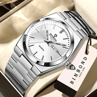 BINBOND luxury quartz wristwatch, luminous, water-resistant, day of the week, automatic date, steel bracelet, business, sport, fashion and casual styles.