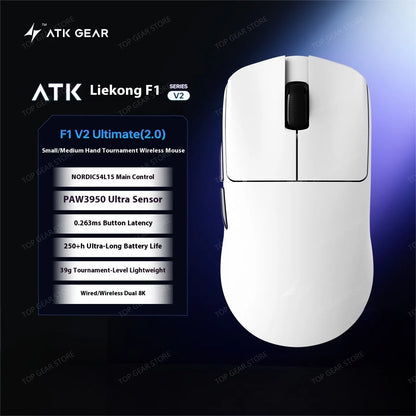 ATK F1 V2 Ultra MAX žaidimų pelė, belaidė, trijų režimų, PAW3950, dviguba 8k, lengva, ergonomiška e. sporto pelė, individualizuojamas PC priedas