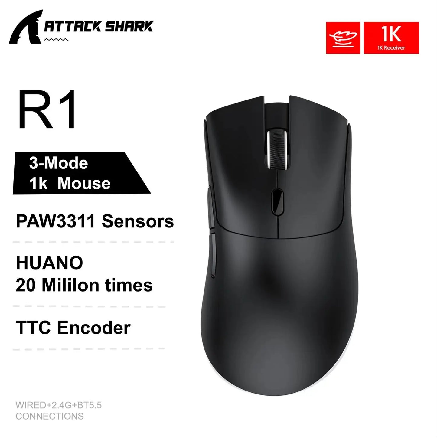 Attack Shark X11&R1 Tri-Mode Bluetooth trådløs mus med opladningsbase, RGB, ergonomisk letvægtsmus, PC-gamer-tilbehør