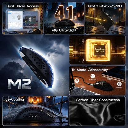 MAMBASNAKE M2 ultralet trådløs gamingmus, PAW3395PRO-sensor 40000 DPI, 41g kulfiber, tri-mode