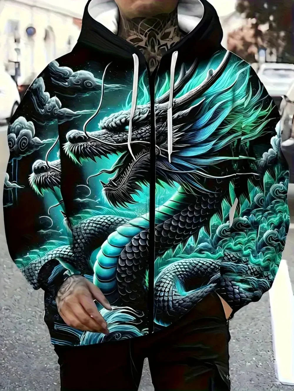 Herren-Hoodie mit Drachenprint und Reißverschluss, Kordelzug, langen Ärmeln, Oversize-Passform, für Outdoor-Aktivitäten und Reisen, Herbst/Winter